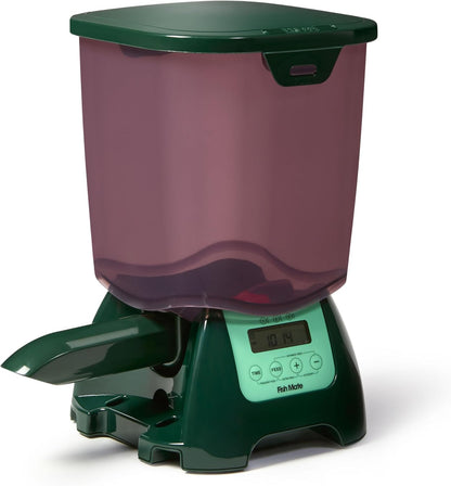Fish Mate P7000 automatic pond fish feeder front view showing programmable digital LCD screen.