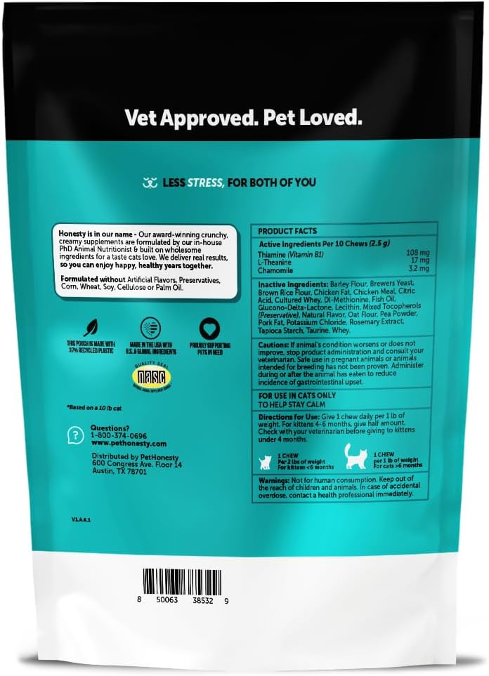 Feline stress relief behavior support chews for travel and vet visits
