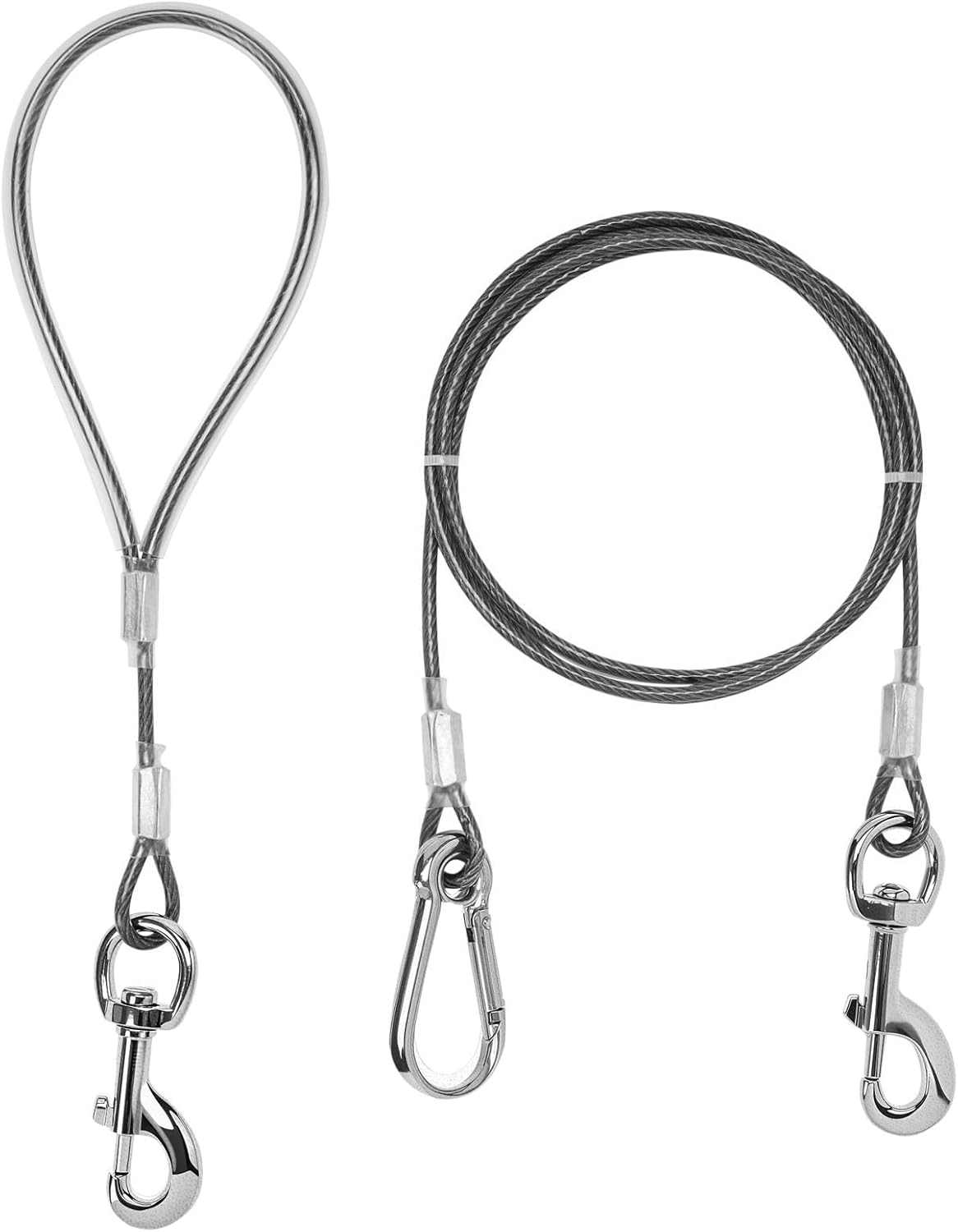 Mi Metty Chew Proof Dog Leash front view showing the silver braided steel cable and alloy steel snap hook.