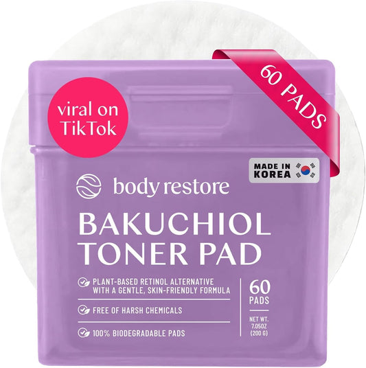 Body Restore Bakuchiol Toner Pads front view packaging for Korean skincare routine