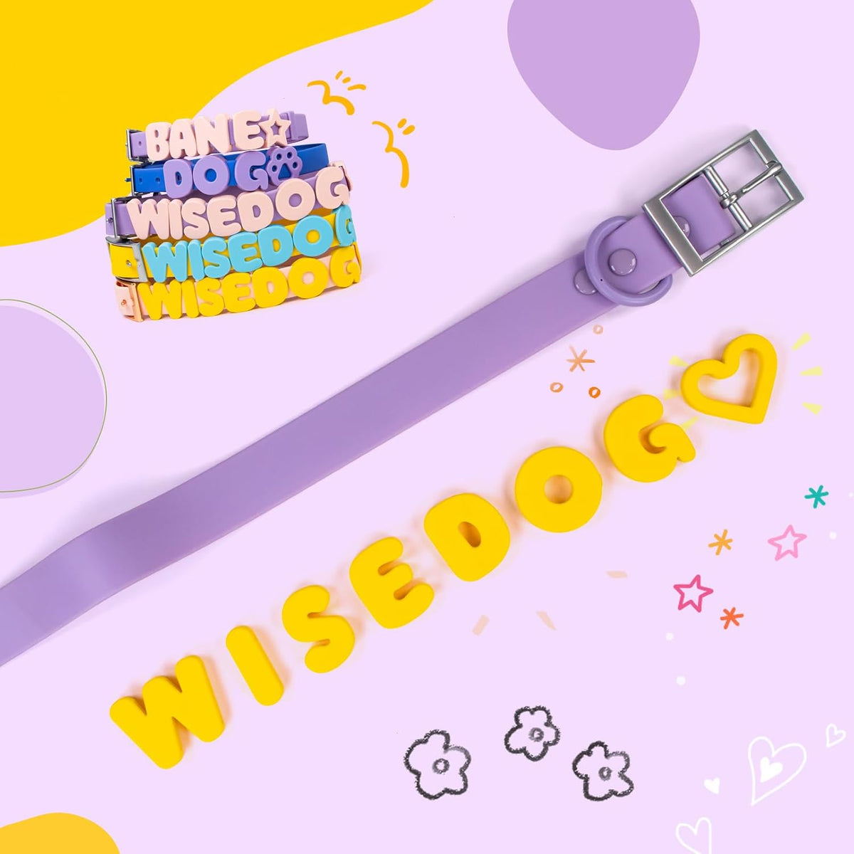 Close up view of yellow silicone uppercase letter charms for dogs