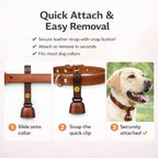 Kcrygogo durable two-millimeter thick leather pet collar bell attachment in an outdoor setting.
