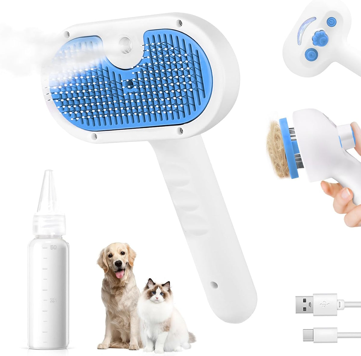 LetsFeed Pet Steam Brush for dogs and cats front view blue grooming tool