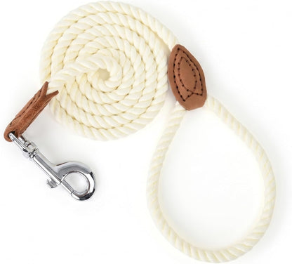 Mile High Life Braided Cotton Dog Leash front view showcasing the cream white rope and brown leather tip.