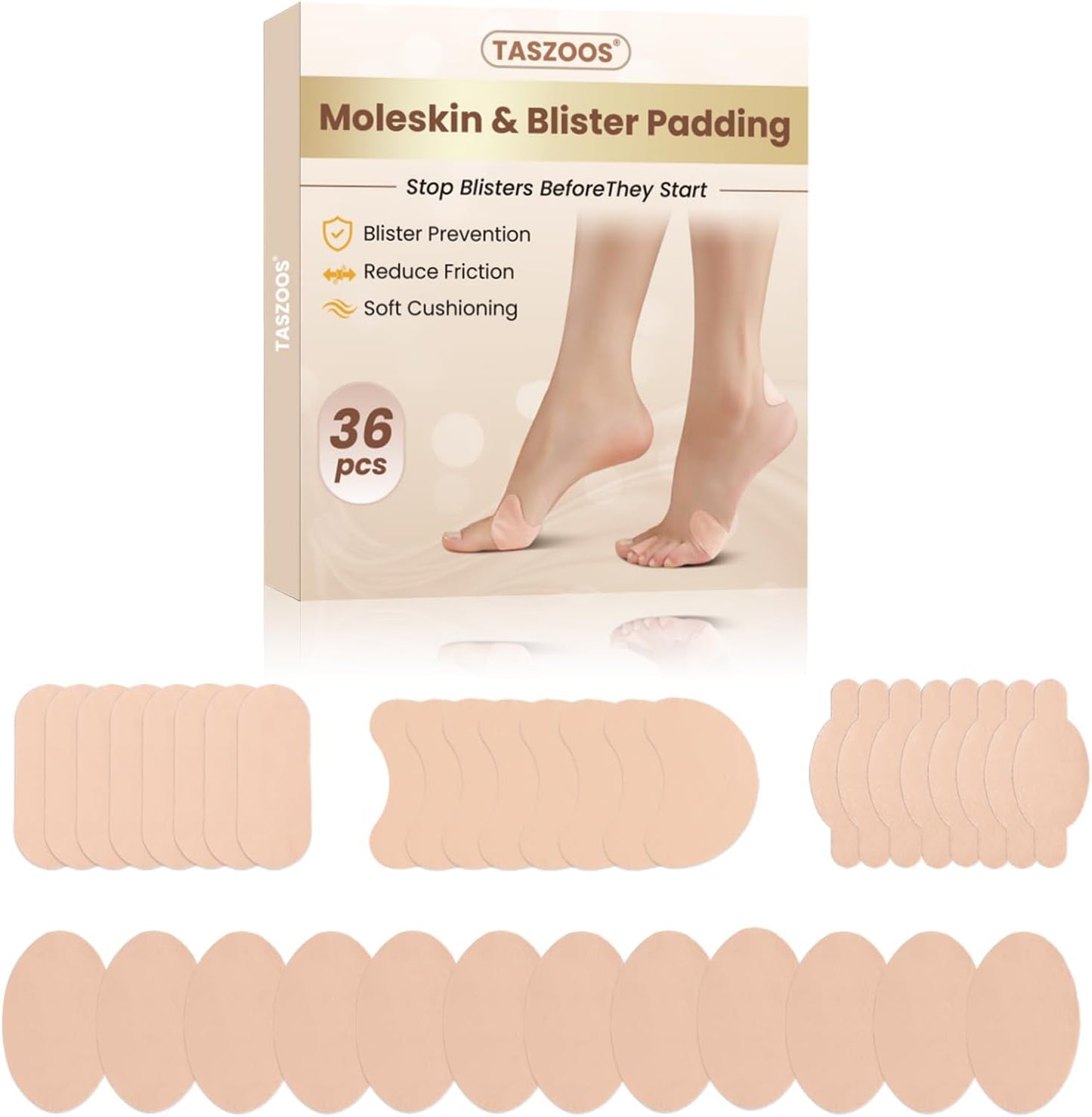 Taszoos Moleskin Adhesive Pads front packaging for blister prevention.