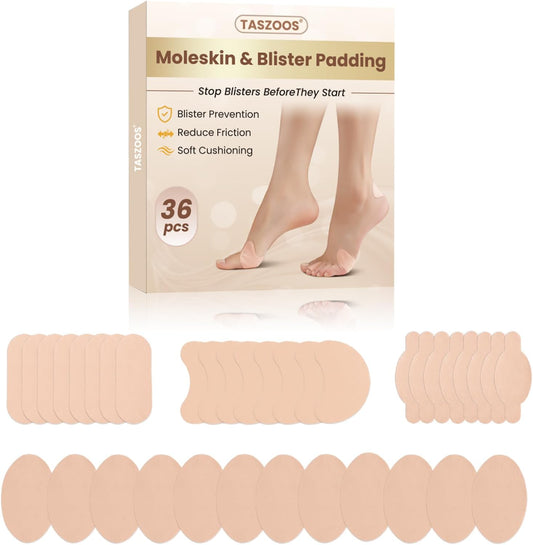 Taszoos Moleskin Adhesive Pads front packaging for blister prevention.