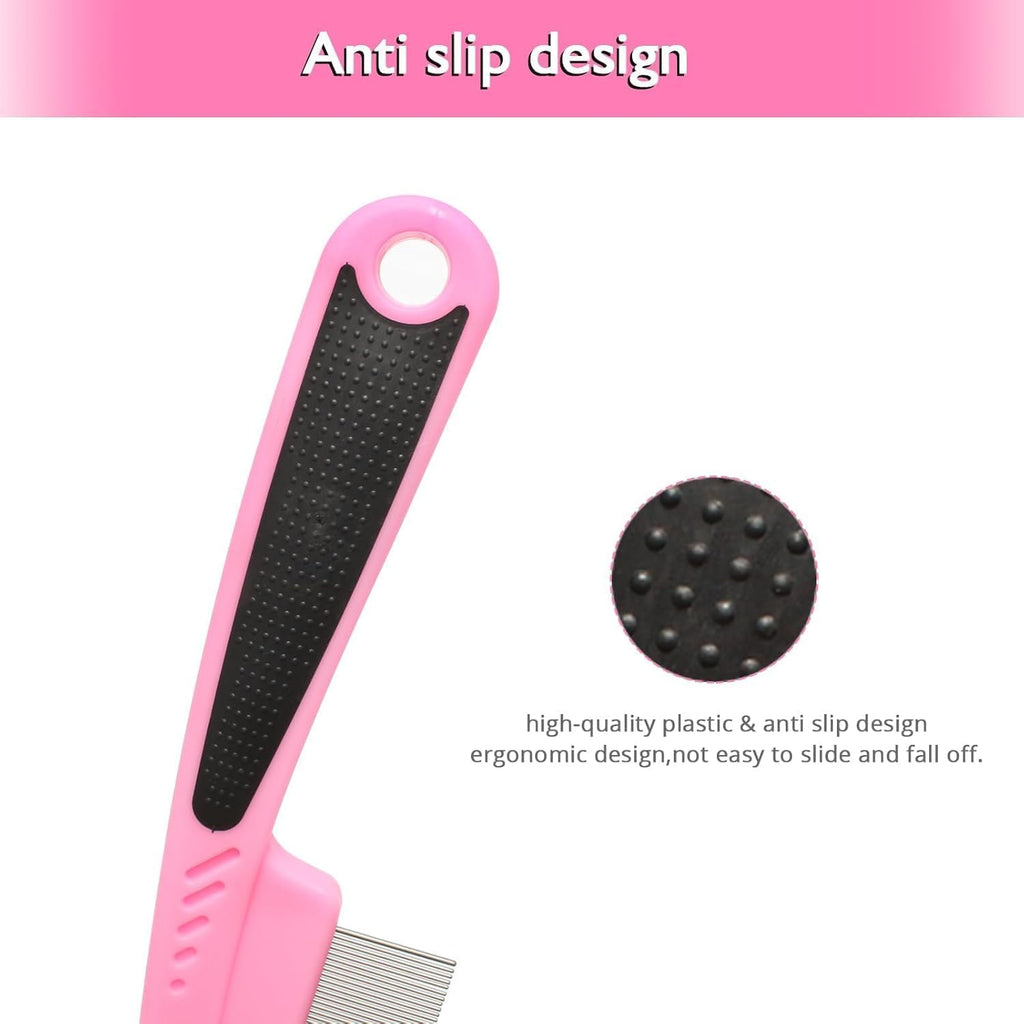 Close up view of the fine stainless steel teeth on the pink pet comb