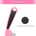 Close up view of the fine stainless steel teeth on the pink pet comb