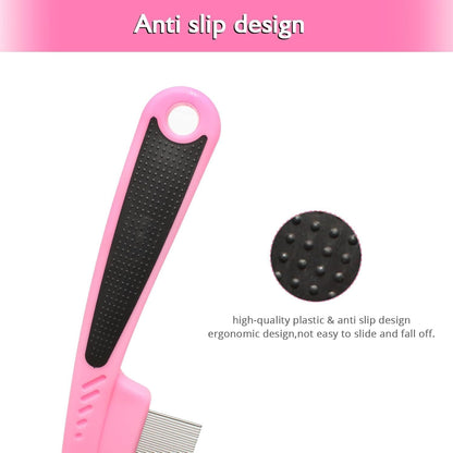 Close up view of the fine stainless steel teeth on the pink pet comb