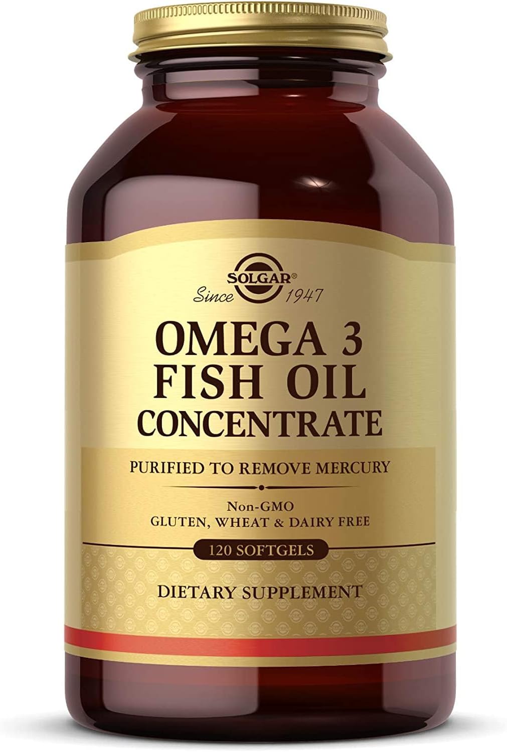 Solgar Omega 3 deep sea cold water fish oil supplement bottle angled view.