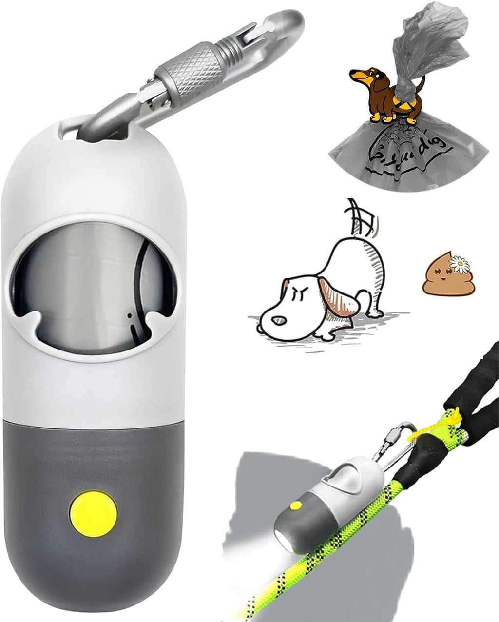 Dog Poop Bag Holder with LED Flashlight for Night Walks,Silicone Tether & Panda Pattern Clip for Used Bags, Hands-Free Metal Leash Carabiner, Includes 15 Scented Waste Bags (Crystal Blue) - Image 12
