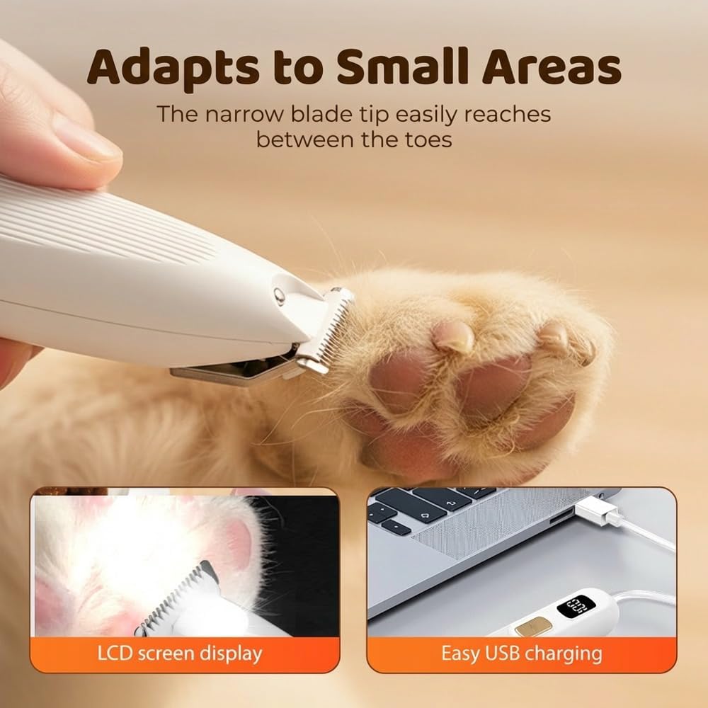 Rechargeable pet paw trimmer with built-in LED light illuminating small areas.