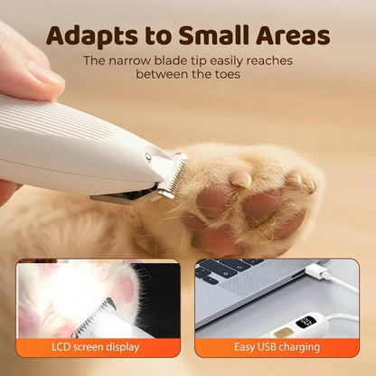 Rechargeable pet paw trimmer with built-in LED light illuminating small areas.
