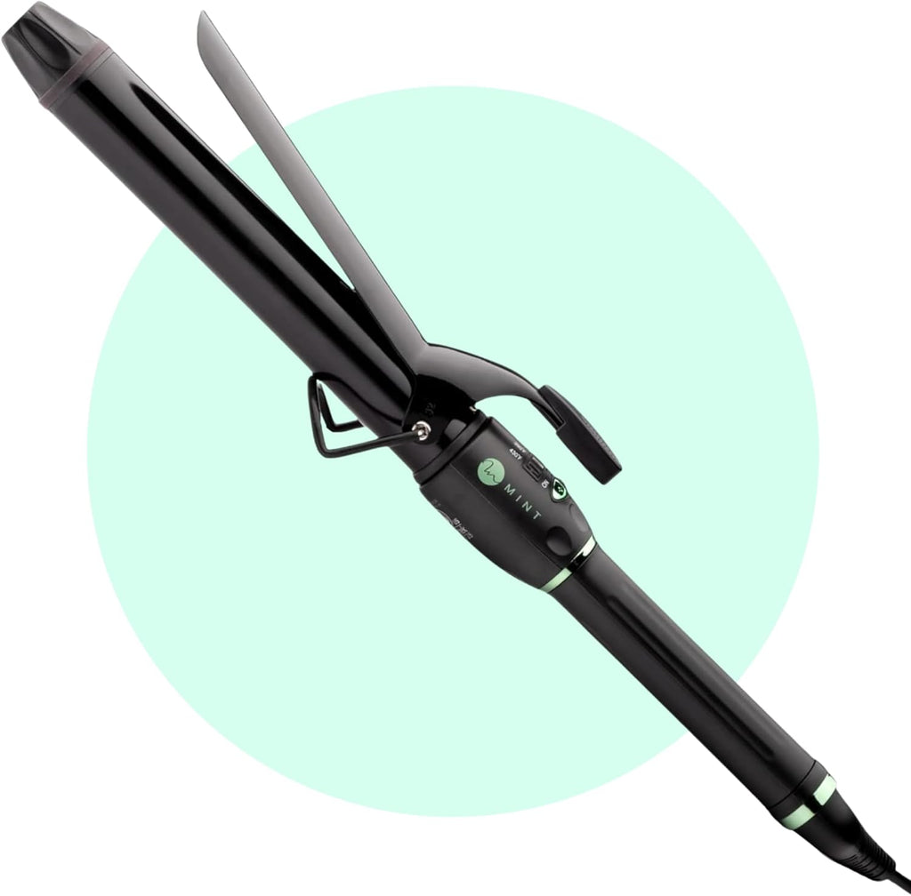 MINT Professional Extra Long Hair Curling Iron front view displaying the black ceramic tourmaline barrel and clamp