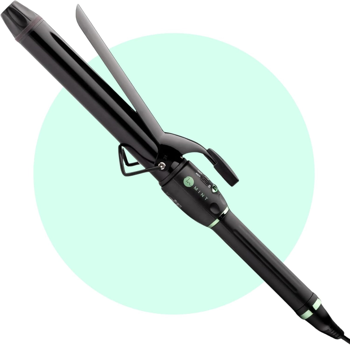 MINT Professional Extra Long Hair Curling Iron front view displaying the black ceramic tourmaline barrel and clamp