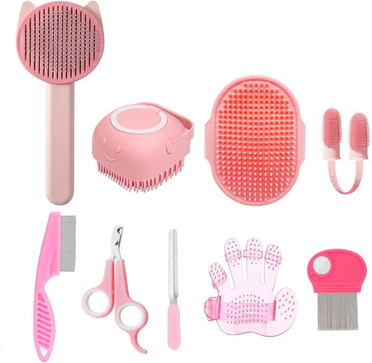 KEEPLKVOC 9 Piece Pet Grooming Kit front view showcasing the full pink color collection.