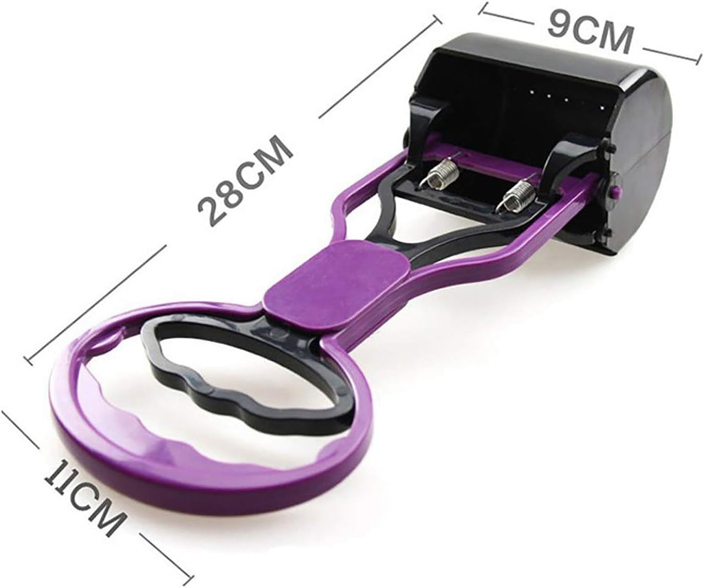 Pink portable dog waste picker rake being held by an easy pull handle.