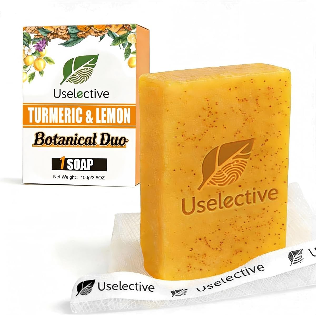 Uselective Turmeric and Lemon Glow Soap Bar packaging and front view displaying brightening benefits