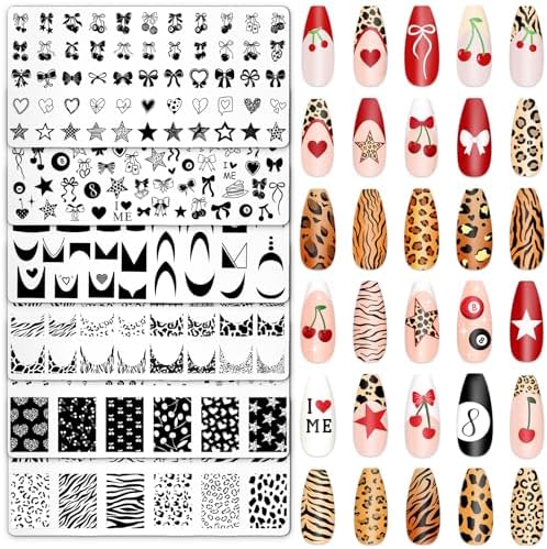 Whaline 9 Piece Cheetah Cherry Nail Art Stamping Plates Kit front view showcasing diverse animal print patterns.