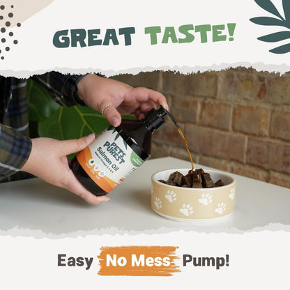 Pets Purest Salmon Oil natural omega supplement pump dispenser close up