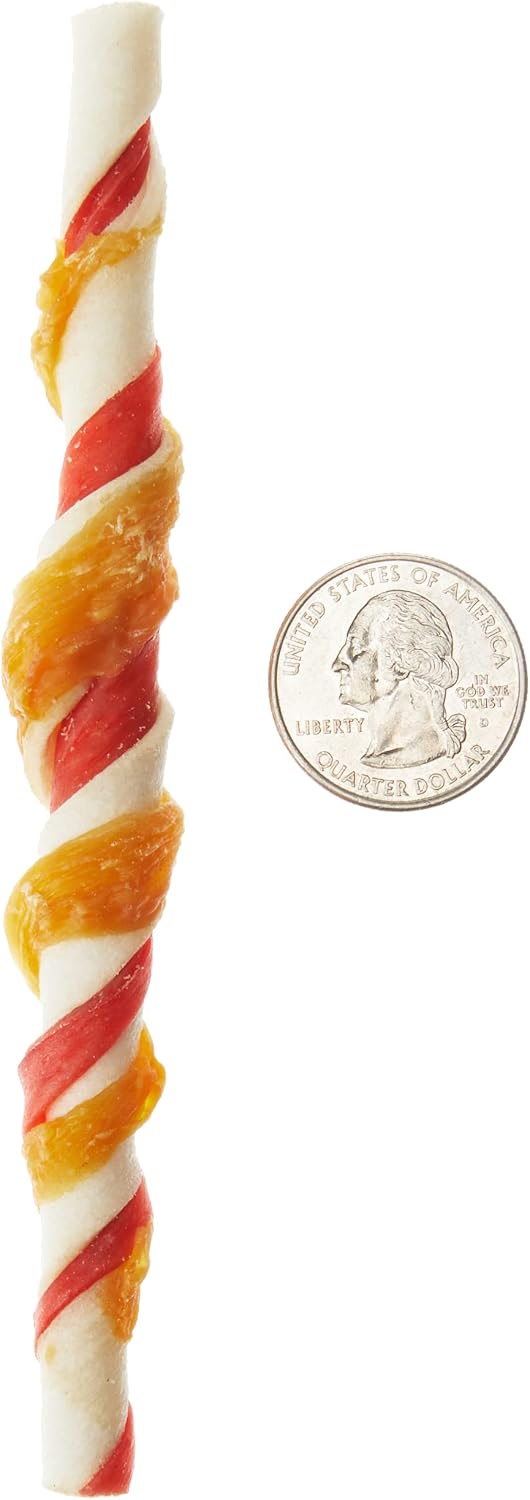 Hand holding a single chicken wrapped rawhide twist stick