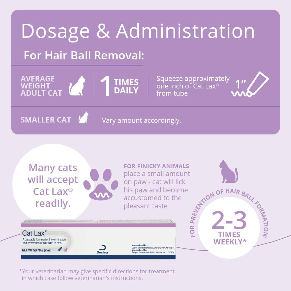Dechra CatLax pet supplement packaging details for managing cat vomiting and shedding.