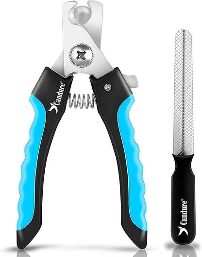 Candure dog nail clippers front view showing the blue and black ergonomic non slip handles.