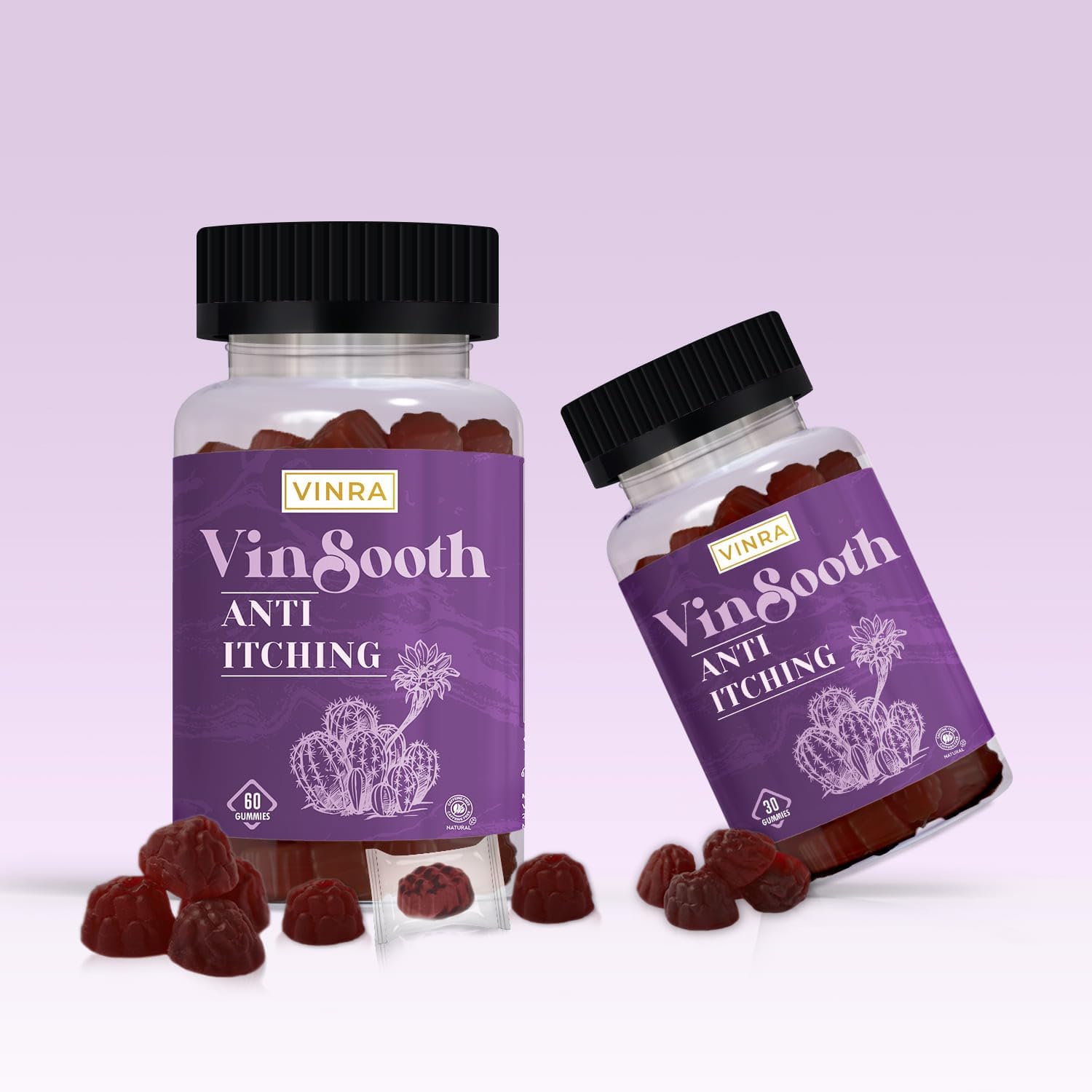 VinRa VinSooth Skin Itching Gummies front view for natural itch relief.