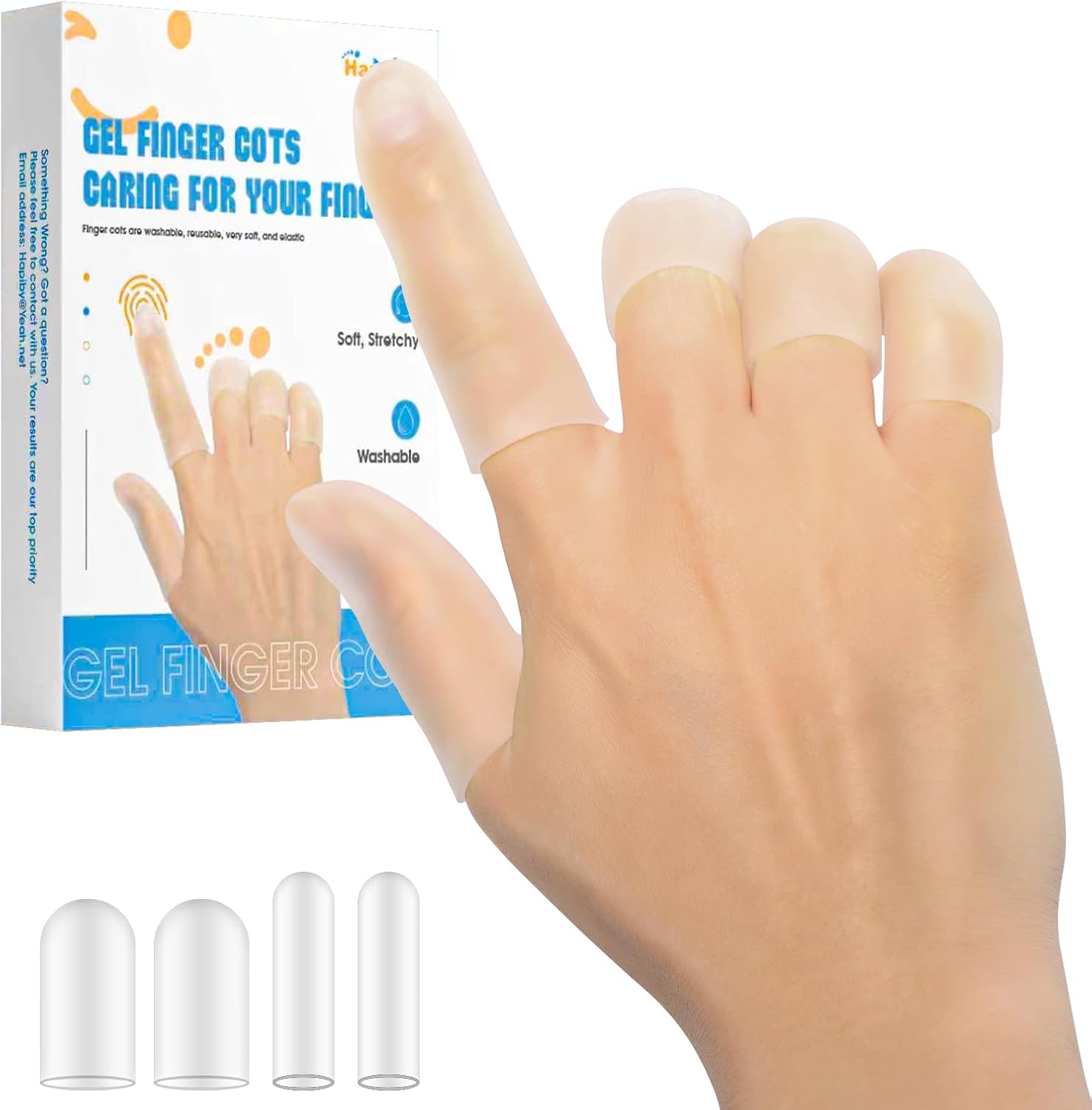 Happiby gel finger cots package front view showcasing clear silicone protectors.