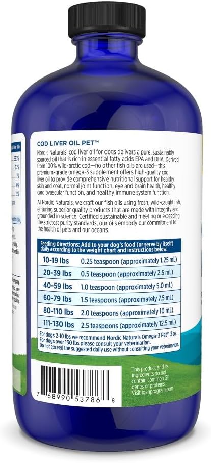 Authentic Nordic Naturals pet cod liver oil showing liquid pour instructions