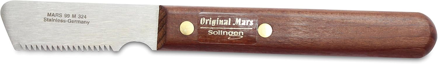 Mars Coat King terrier grooming tool with riveted red wood handle