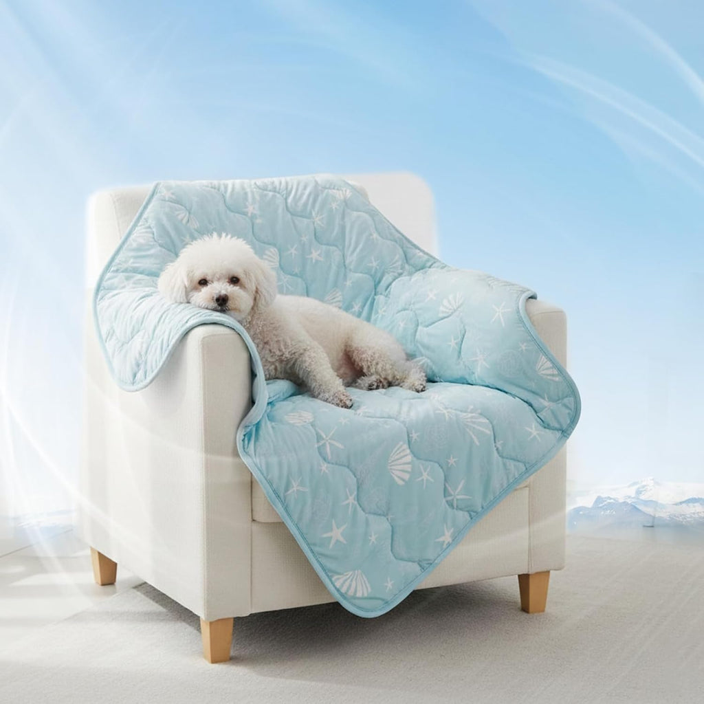 NWK Dog Cooling Blanket front view showing ocean blue coastal print