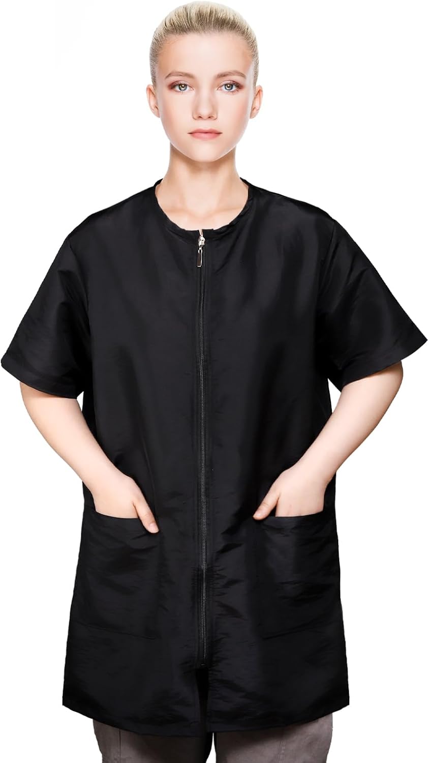 Pumtus waterproof pet grooming workwear front view showcasing the black professional smock with full zipper