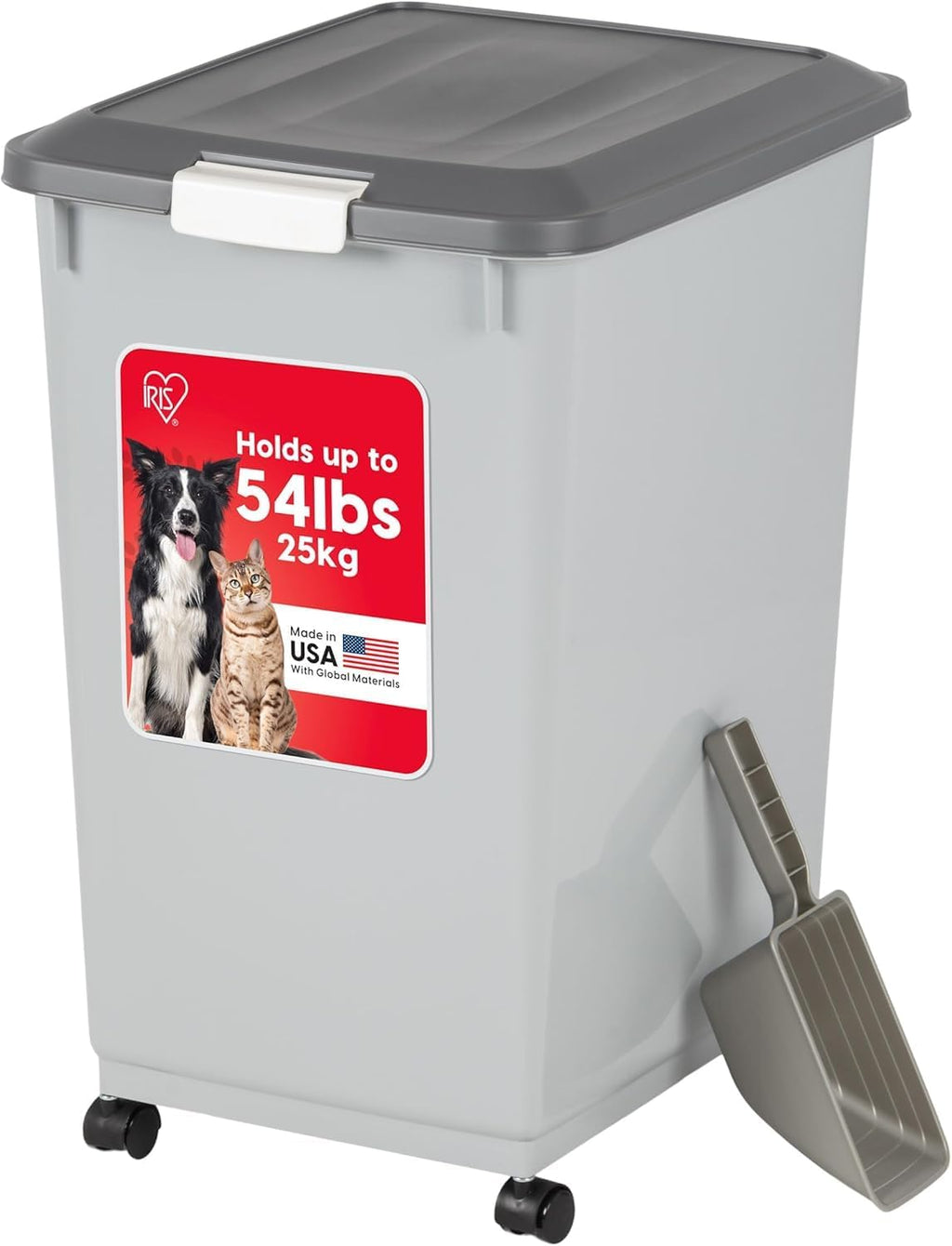 IRIS USA Dog Food Storage Container with Wheels, Airtight Lid, 2-Cup Scoop, Up to 40 Pounds Pet Food Storage, Built in Scoop Storage in Lid, Versatile Pet Food Bin, Portable, BPA Free, Gray/Dark Gray - Image 11