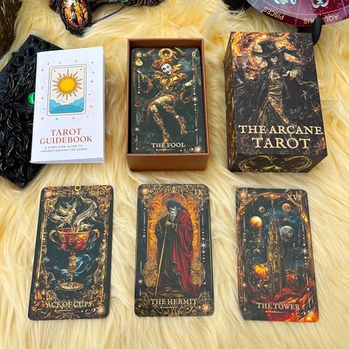 Seventy-eight card gothic tarot deck spread out showcasing rich oil-painting textures.