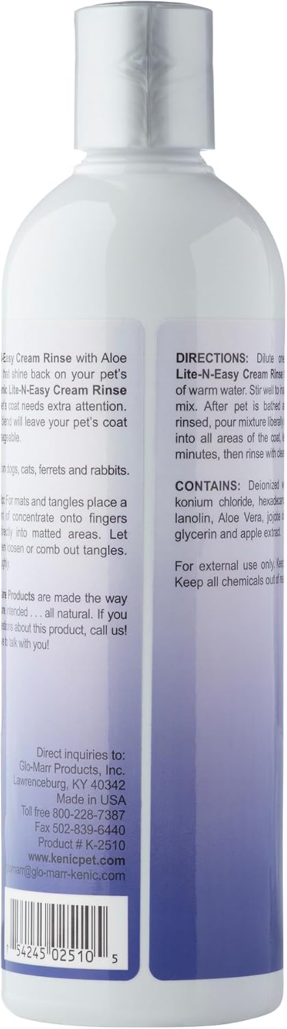 Close-up of Kenic detangling pet conditioner label details and key ingredients