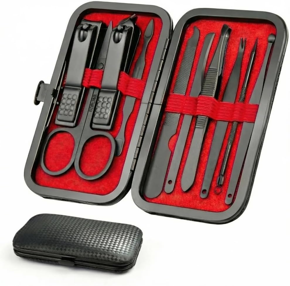 Okom 10-piece stainless steel manicure kit front view