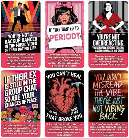 Sarcastic relationship guidance cards fanned out displaying pulp-magazine style illustrations.