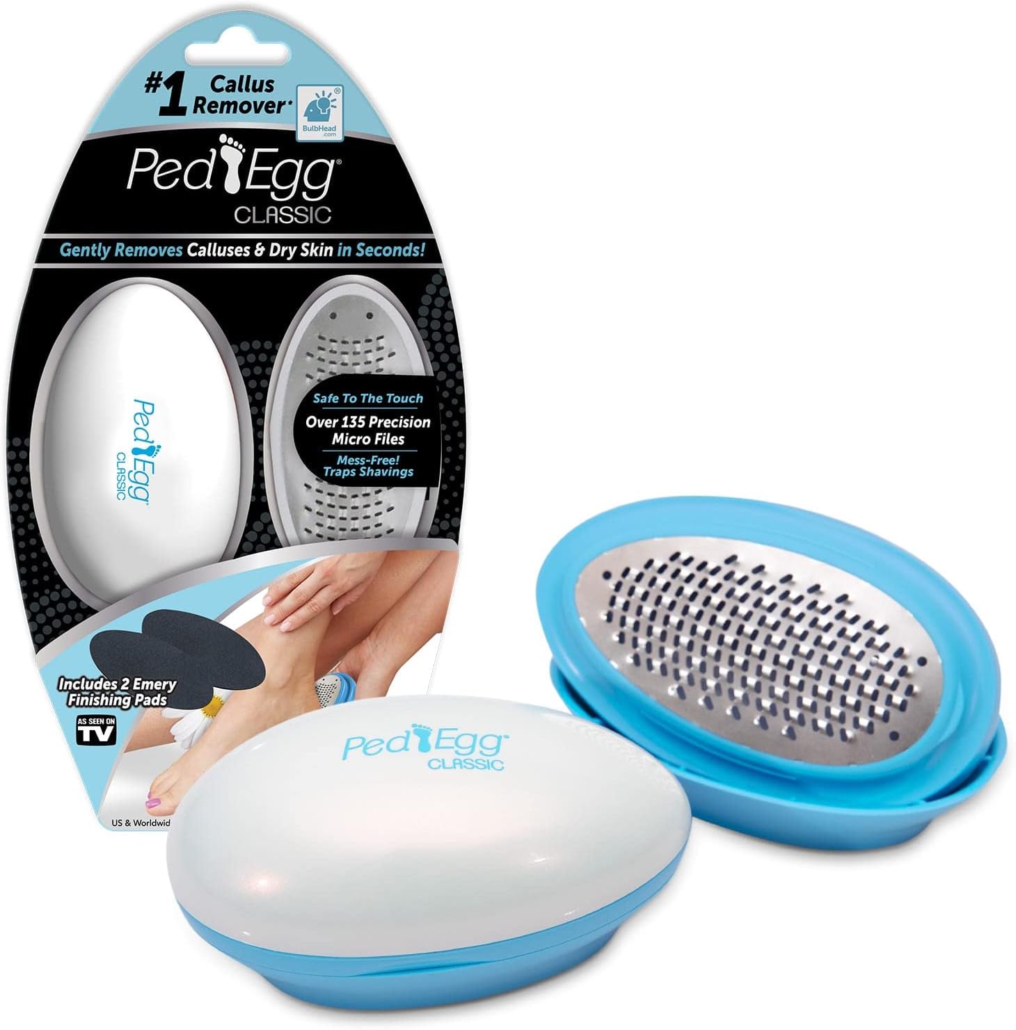 PedEgg Classic Foot File in white showing front ergonomic view of the handheld callus remover tool.