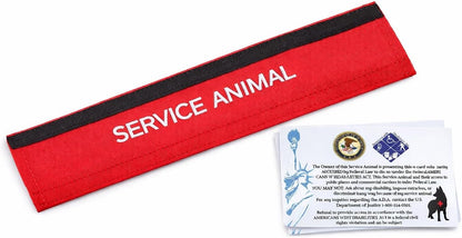 Close up of embroidered service animal text on red leash wrap