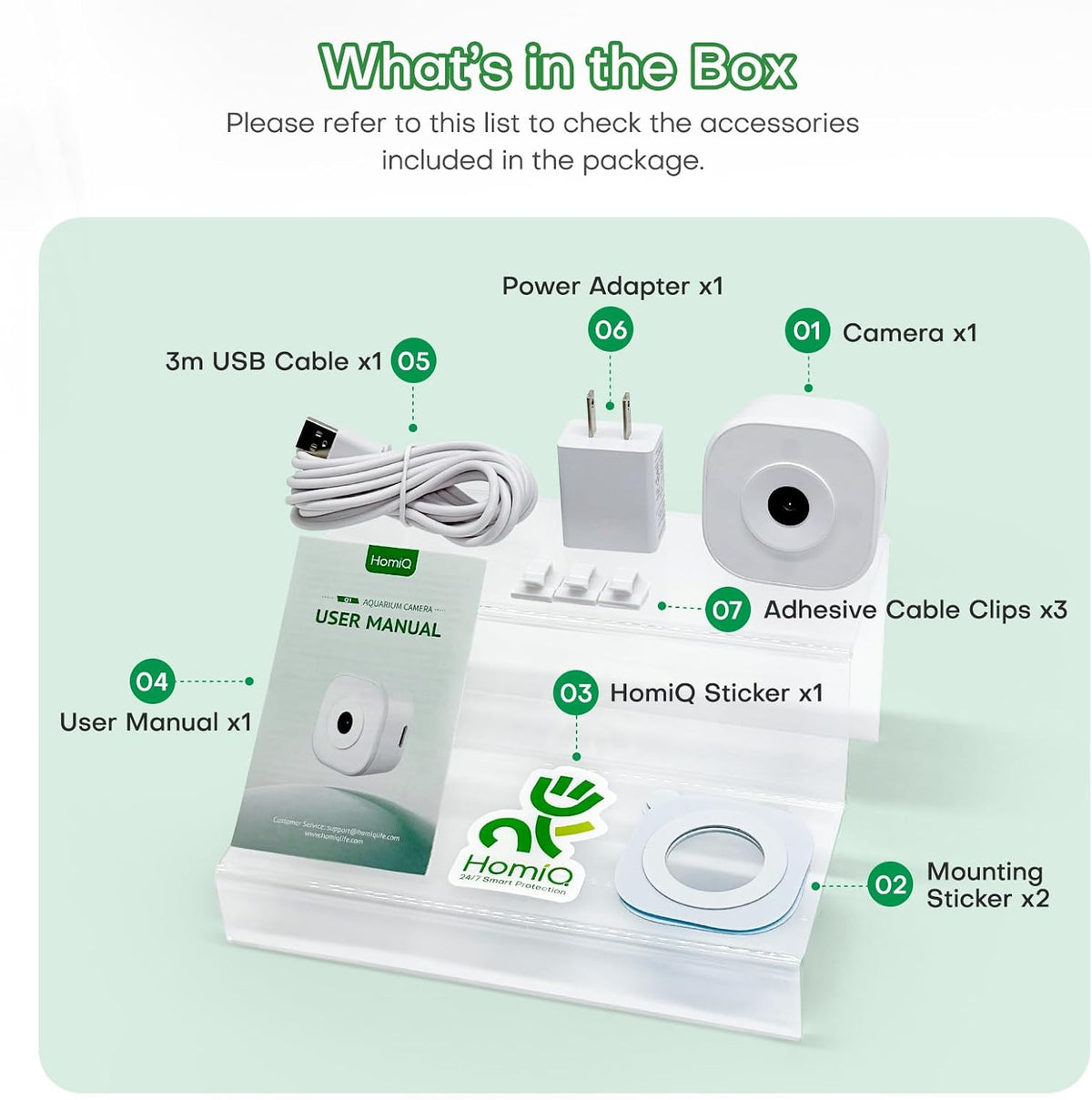 HomiQ Life 3MP camera hardware components and mount