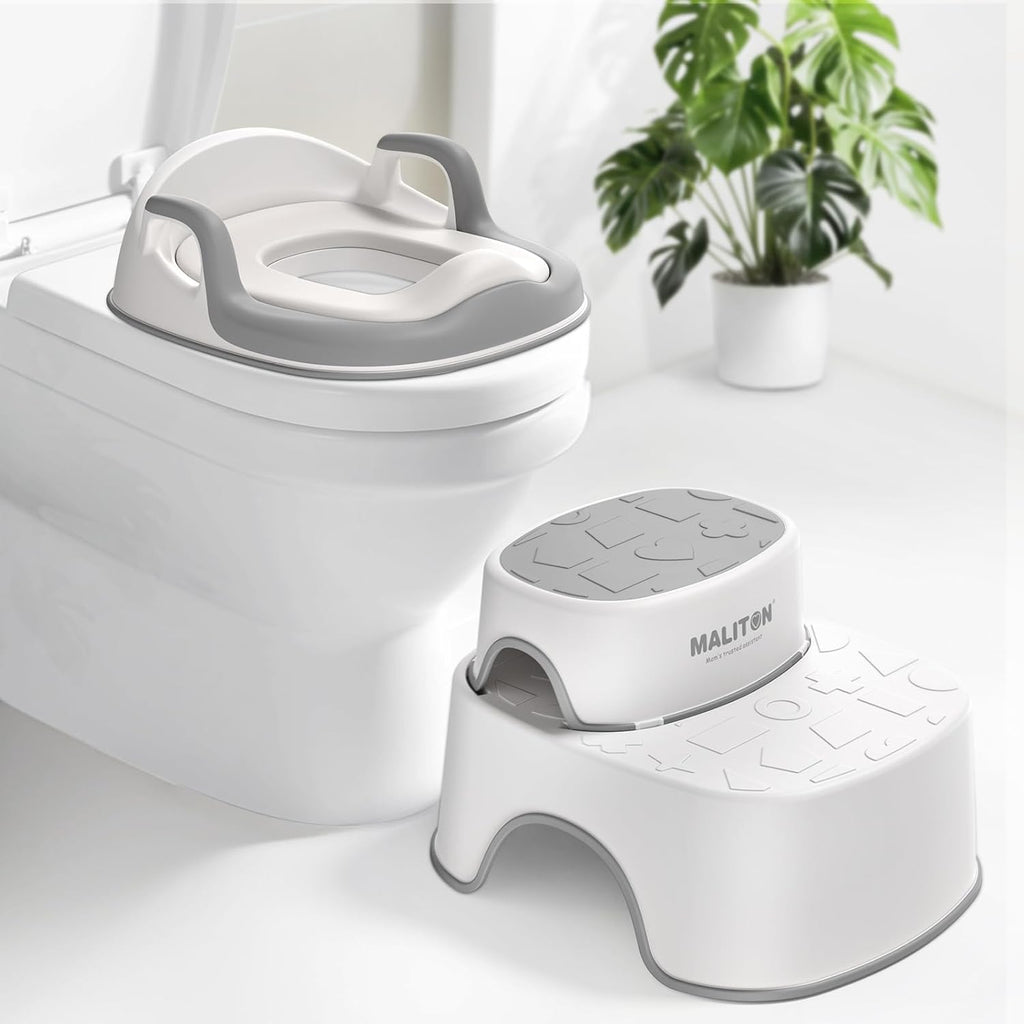 Maliton Baby Potty Training Seat and gray step stool combo set front view