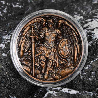 Leabet spiritual keepsake coin displayed on a flat surface highlighting weathered metal artwork