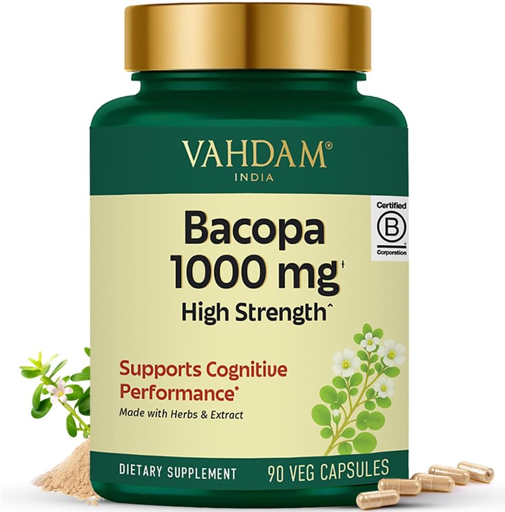 VAHDAM Bacopa Monnieri 1000mg capsules front view bottle for memory support
