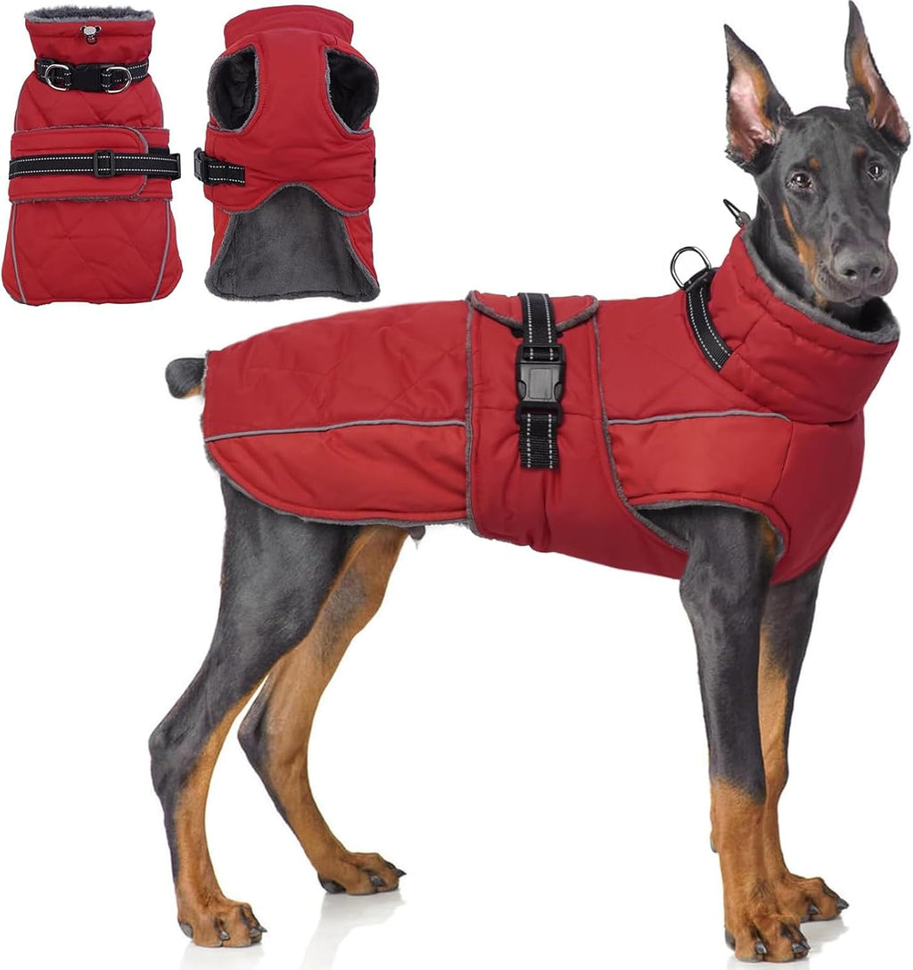 QBLEEV warm dog jacket front view showing red water resistant nylon outer shell on a golden retriever.