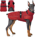 QBLEEV warm dog jacket front view showing red water resistant nylon outer shell on a golden retriever.