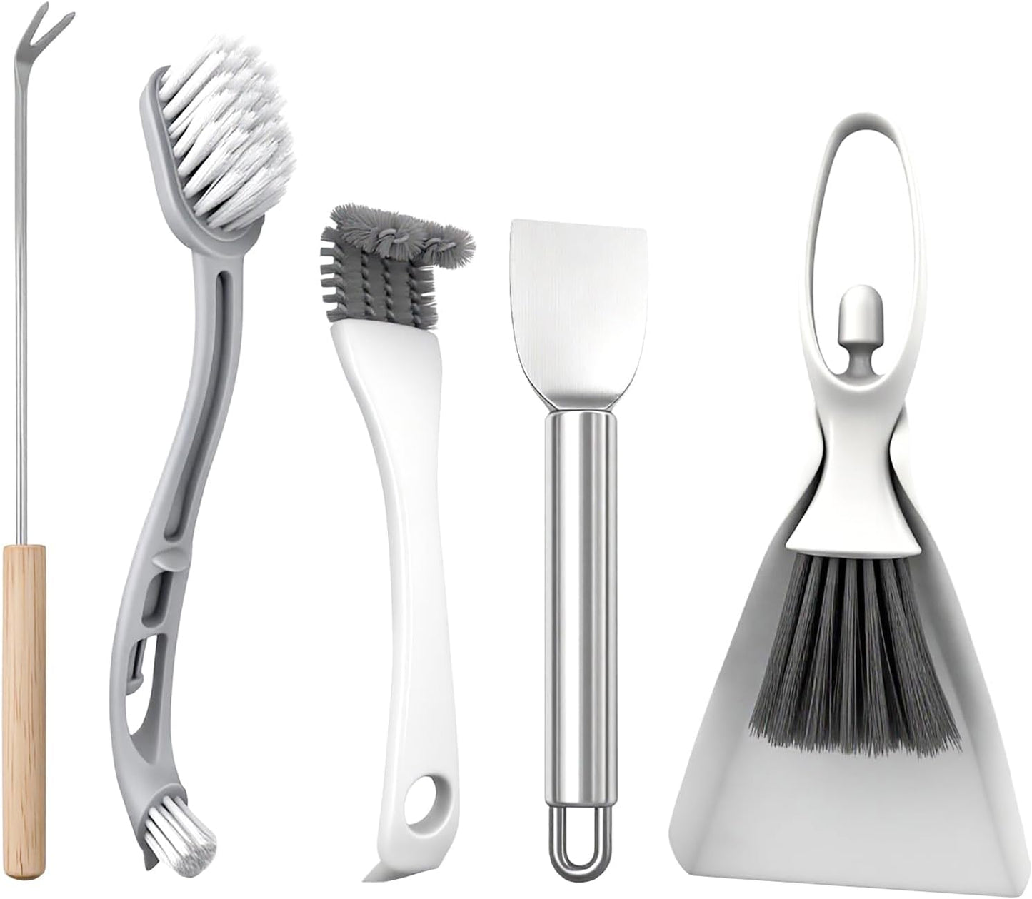 Sienle five piece bird cage cleaning brush tool set shown from the front view detailing all included pet habitat scrapers and brooms.