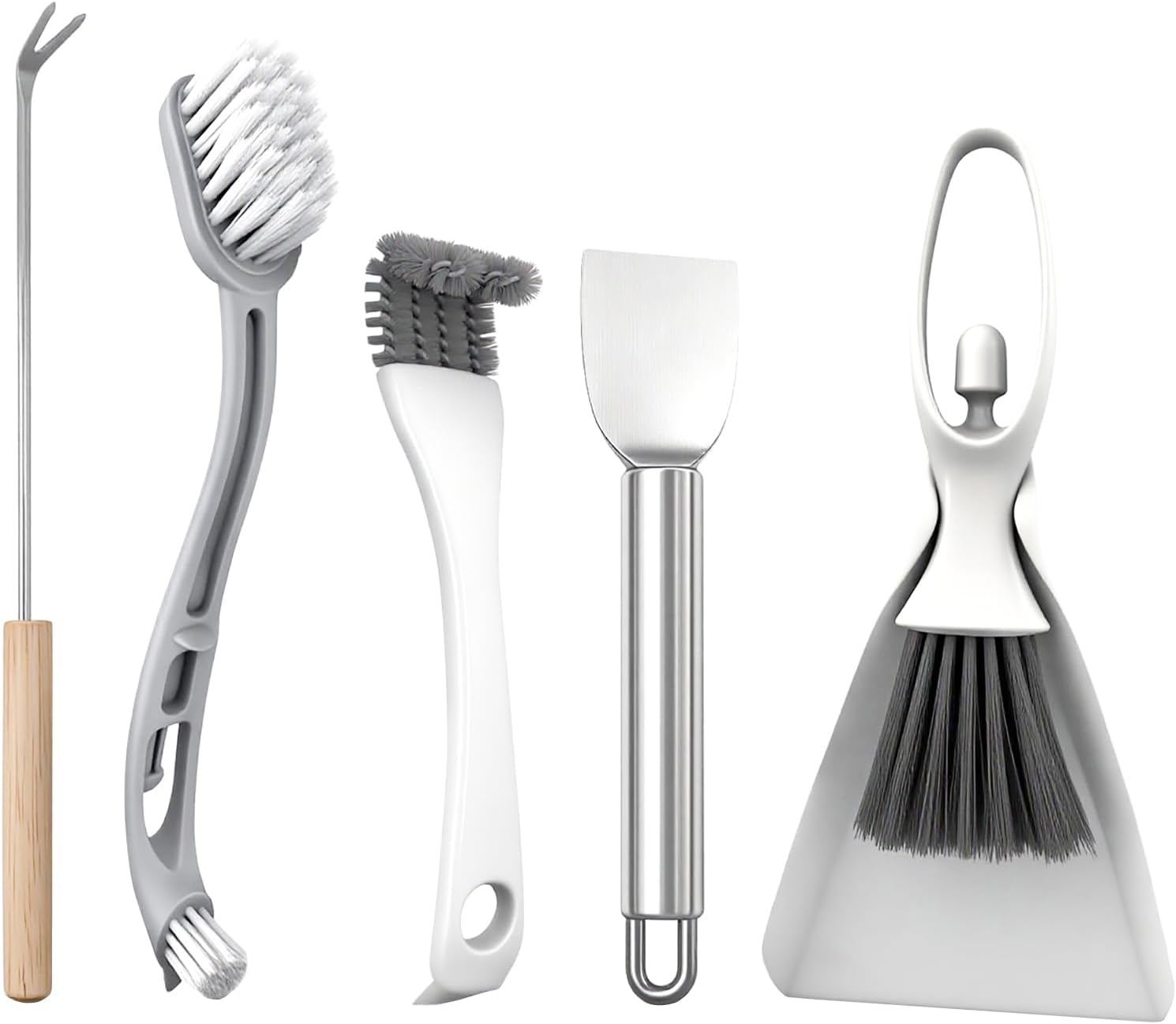 Sienle five piece bird cage cleaning brush tool set shown from the front view detailing all included pet habitat scrapers and brooms.