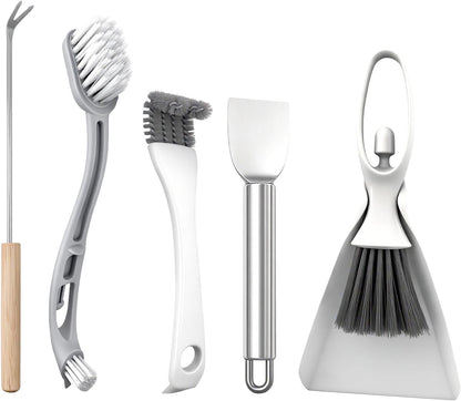 Sienle five piece bird cage cleaning brush tool set shown from the front view detailing all included pet habitat scrapers and brooms.