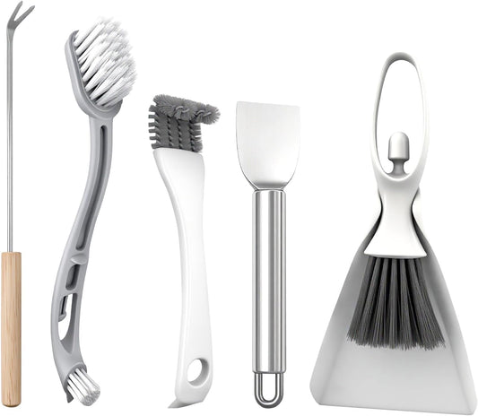 Sienle five piece bird cage cleaning brush tool set shown from the front view detailing all included pet habitat scrapers and brooms.